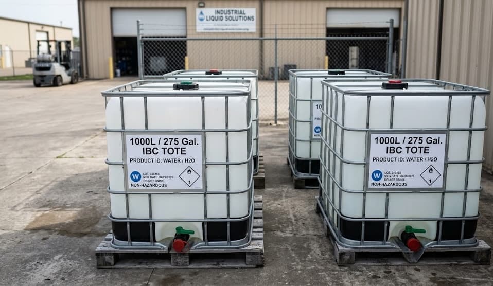 275 gallon IBC totes close-up showing cage, valve, and labeling