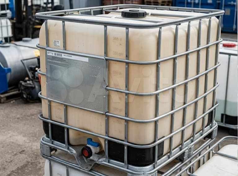 Close-up of a used IBC tote showing condition details
