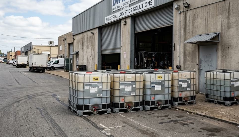 IBC totes staged at loading dock for pickup and delivery